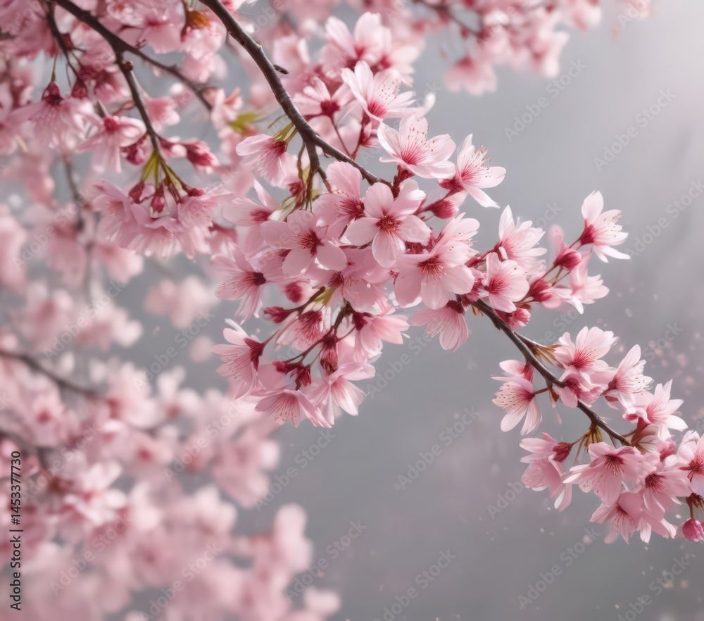 Fototapeta premium Delicate pink sakura petals drift on gentle spring breeze, soft focus background , calm, delicate