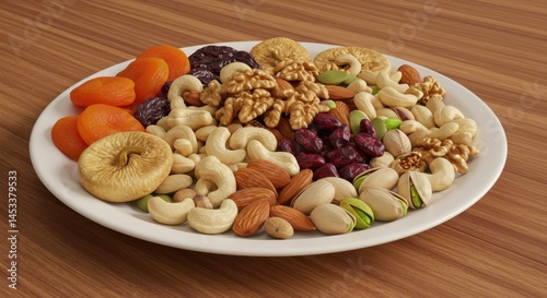 A Delicious Mix of Dried Fruits and Nuts on a White Plate: A Healthy and Nutritious Snack photo