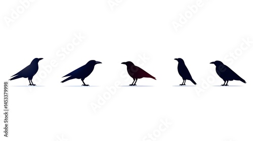 Five stylized crow silhouettes in profile, varying slightly in pose and shading