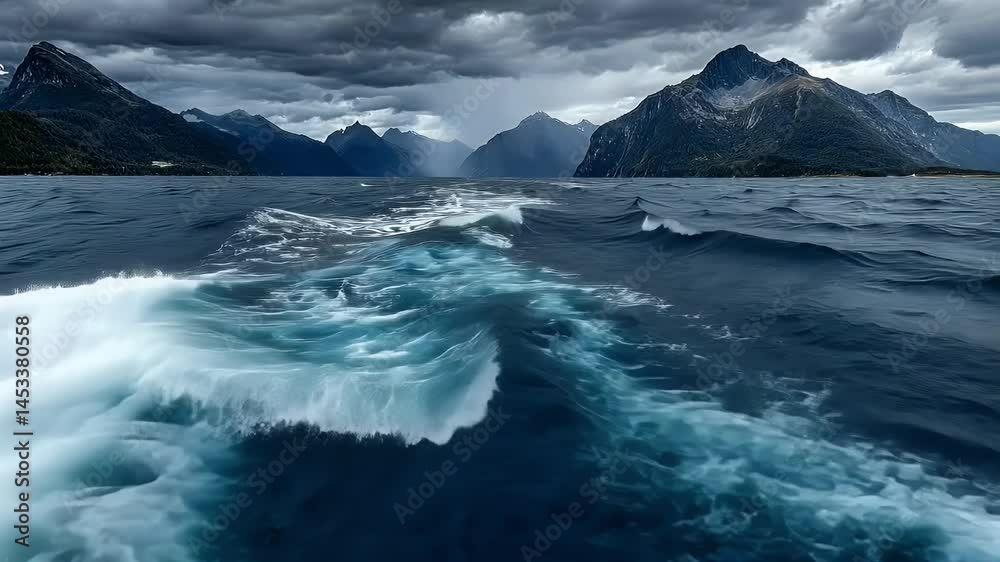 Dark Stormy Ocean Waves with Mountain Range Background Dark Stormy Ocean Waves with Mountain Range Background