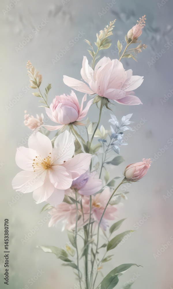 Obraz premium Delicate watercolor floral motif, pastel hues on blurred backdrop, beautiful, soft focus, blurred background