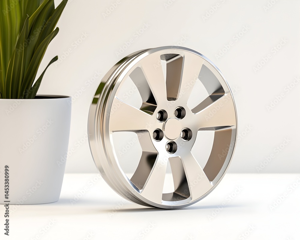Fototapeta premium Sleek chrome wheel rests on white surface near a potted plant Multi-spoke design