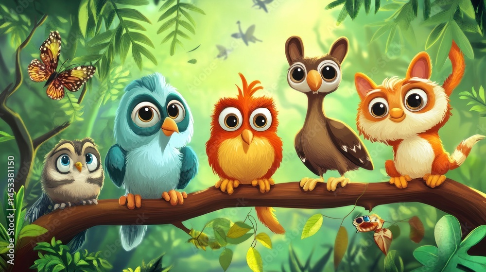 Cute jungle animals on a branch Cute jungle animals on a branch