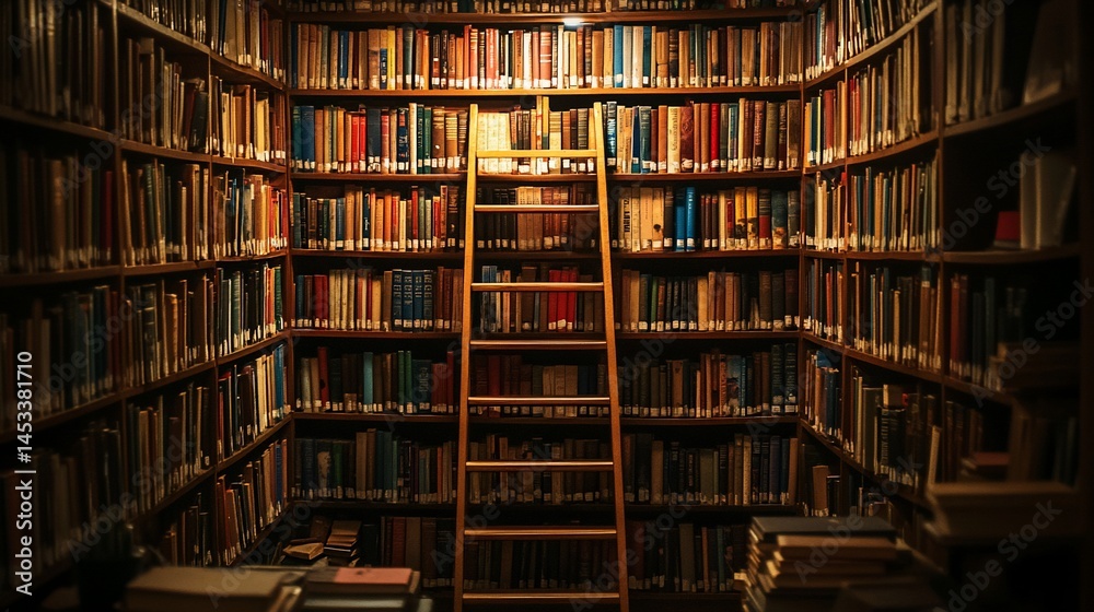 Wooden ladder in dimly lit library alcove Wooden ladder in dimly lit library alcove