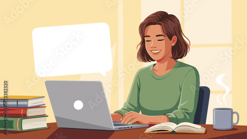 Woman working on laptop in cozy study with books and coffee in morning sunlight
