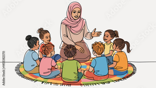 Teacher engages children in storytelling activity on colorful rug in bright classroom setting during sunny day