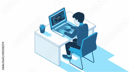 Coding enthusiast works on laptop at desk with plant and modern aesthetic in bright workspace