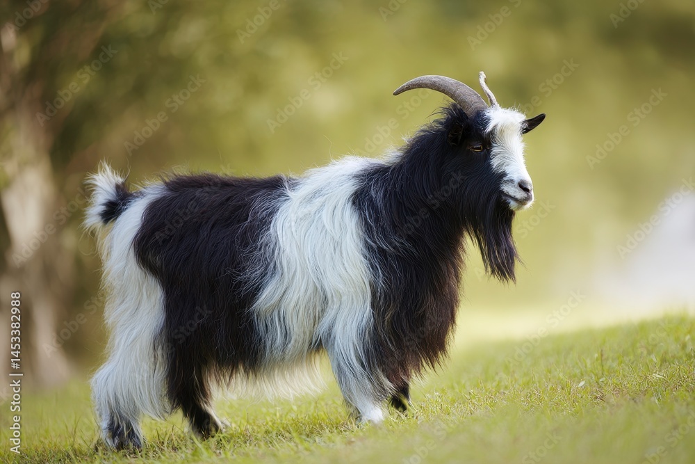 Black and White Male stud buck Goat with long coat, in grassy paddock Black and White Male stud buck Goat with long coat, in grassy paddock