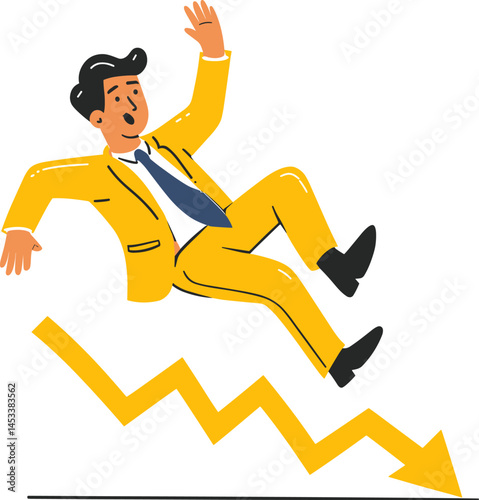 Businessman in yellow suit falling down a downward trend line in a stylized graphic illustration cartoon isolated on transparent background. Vector illustration.