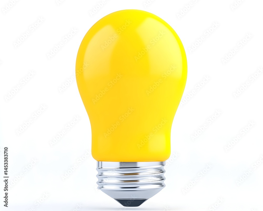 A vibrant yellow light bulb, smooth and glossy, sits against a stark white background, showcasing its classic teardrop shape and metallic base A vibrant yellow light bulb, smooth and glossy, sits against a stark white background, showcasing its classic teardrop shape and metallic base