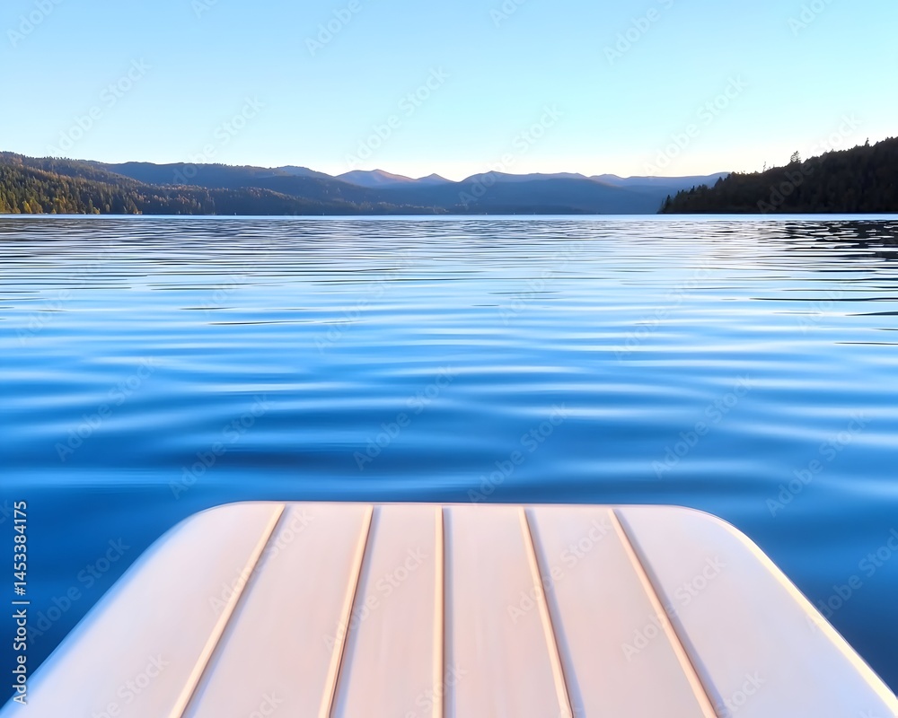 Obraz premium Calm lake view from a floating dock, mountains in the distance under a clear sky