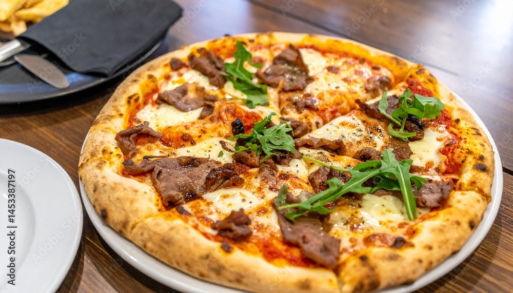 Italian Pizza on plate with meet toping and tomato sauce in the top table Italian Pizza on plate with meet toping and tomato sauce in the top table