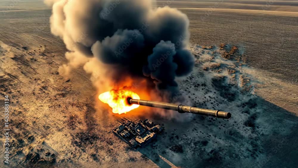 Aerial view of a military howitzer engulfed in flames during a battlefield engagement, An aerial view of a military howitzer on fire after a direct hit from a kamikaze drone
