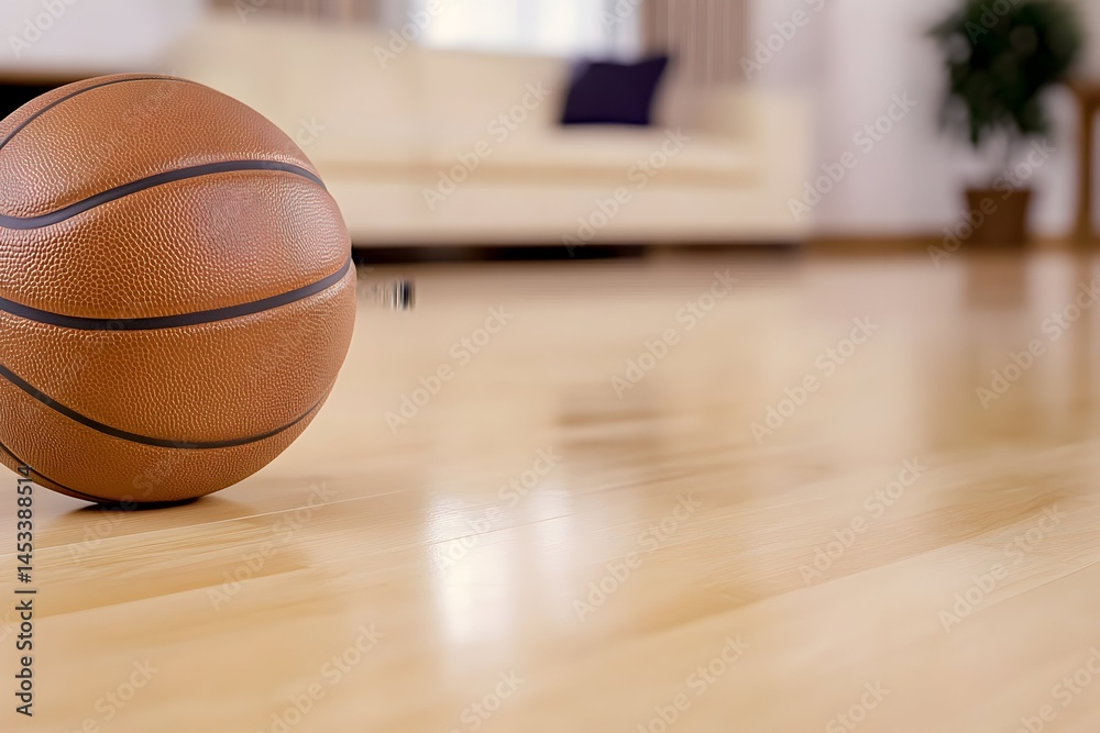 Obraz premium A leather basketball rests on a polished hardwood floor, a blurred living room in the background