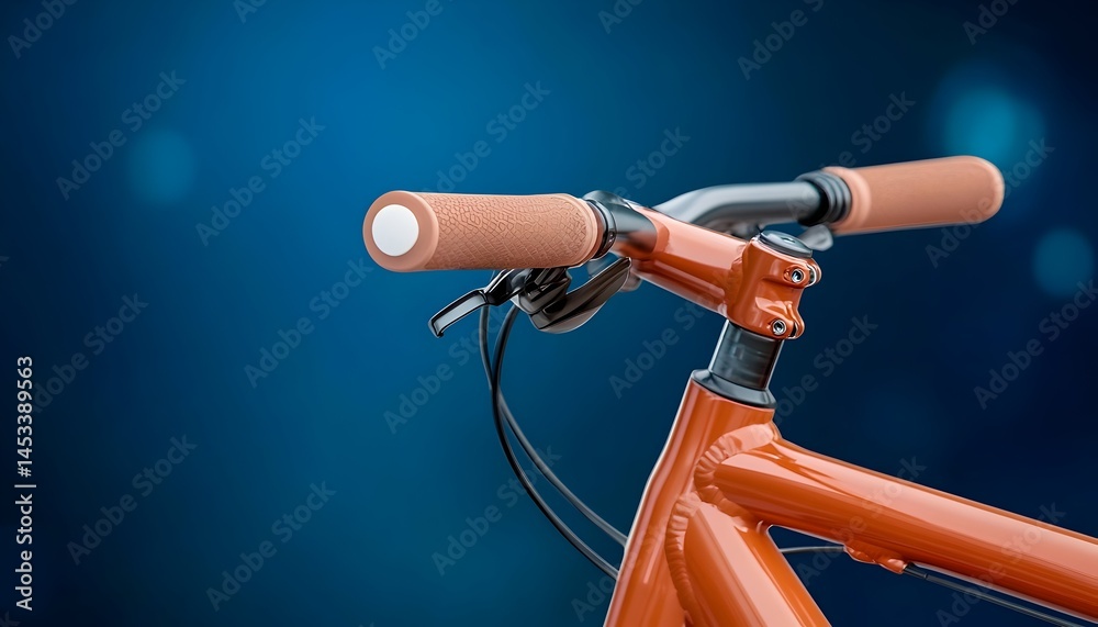 Fototapeta premium Close-up of a bicycles handlebars and frame showcasing its orange color and textured grips against a deep blue backdro