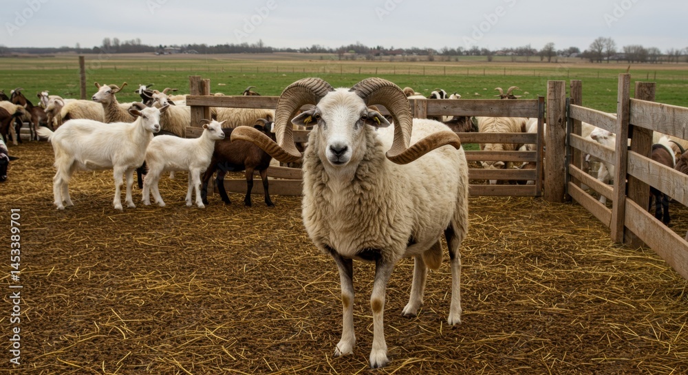 Obraz premium Majestic Ram in a Farmland Pen: A Captivating Portrait of a Large Horned Sheep Among Other Sheep and Goats in a Rustic Setting
