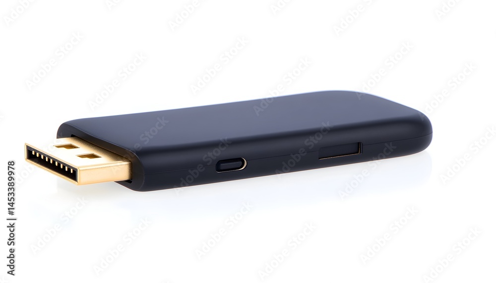 Compact black adapter with gold-plated DisplayPort input and a side power button Compact black adapter with gold-plated DisplayPort input and a side power button