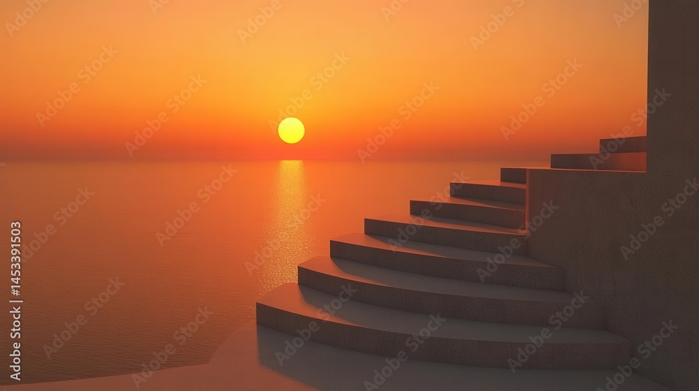 Fototapeta premium Serene sunset over ocean with staircase leading to horizon, tranquil seascape at dusk, stairway to heaven
