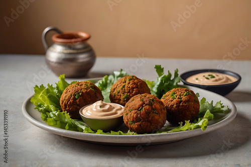 Falafel Culinary Delight a close-up shot showcasing appetizing falafel balls with fresh lettuce, and sauces, a culinary masterpiece, that makes anyone feel hungry.