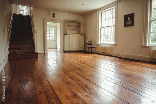 Interior view of a large room with polished wooden floors.
