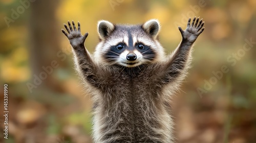 Cute Raccoon with Upraised Paws in the Forest