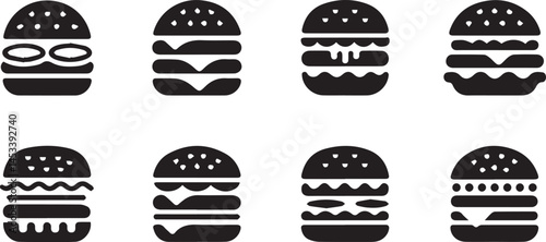 Burger Silhouette Vector Icon Set Featuring Classic Cheeseburgers, Double Layers, and Fast Food Styles for Menu Design and Branding Projects