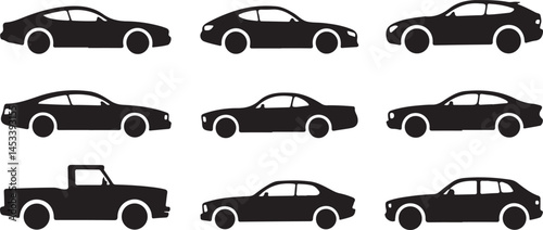 Vector Icons of Classic Cars Silhouette  and Pickup Trucks in Side View for Retro Vehicle Illustrations, Automotive Designs, and Vintage Prints