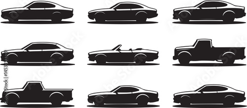 Silhouette Vector Icons of Classic Cars and Pickup Trucks in Side View for Retro Vehicle Illustrations, Automotive Designs, and Vintage Prints
