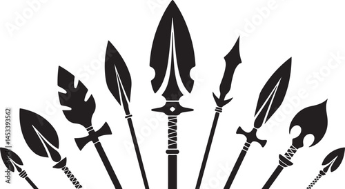 Spearhead Silhouette Vector Set Featuring Tribal and Medieval Weapon Tips for Tattoo Art, Historical Illustration, and Warrior Design Elements