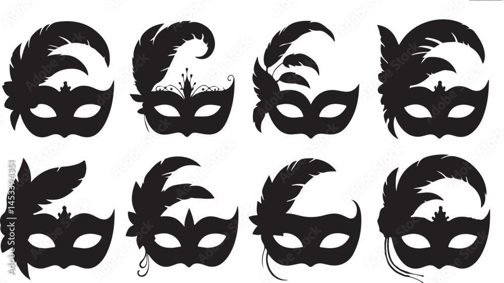 Silhouette Vector Collection of Elegant Masquerade Party Masks with Feathers for Carnival, Costume Ball, Festival, and Celebration Silhouette Vector Collection of Elegant Masquerade Party Masks with Feathers for Carnival, Costume Ball, Festival, and Celebration