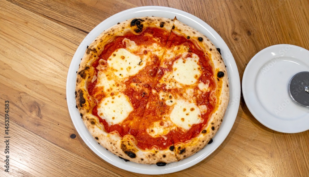 Neapolitan pizza at plate with sauce and simple plater at the top table Neapolitan pizza at plate with sauce and simple plater at the top table