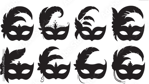 Silhouette Vector Collection of Elegant Masquerade Party Masks with Feathers for Carnival, Costume Ball, Festival, and Celebration 