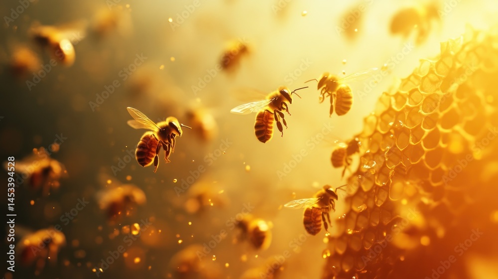 Naklejka premium Busy bees buzzing around honeycomb in sunlight