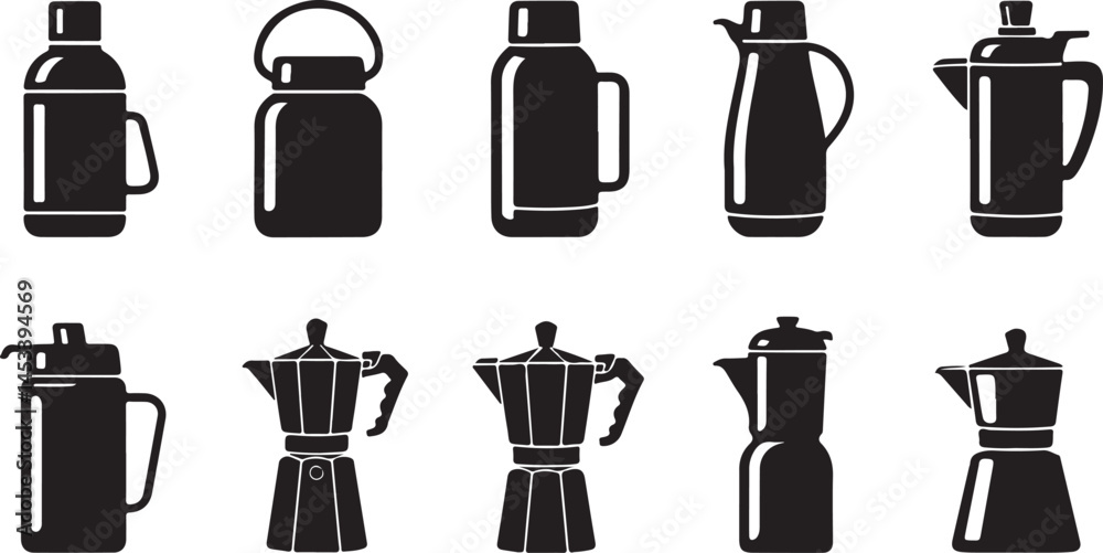 Fototapeta premium Silhouette Vector Collection of Thermos Bottles, Coffee Makers, Moka Pots, and Kettles for Kitchen, Beverage, and Café Design Illustrations