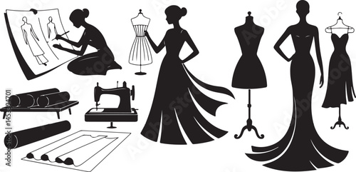 Fashion Design Silhouette Vector Collection with Sewing Machine, Gowns, Sketches, Mannequins and Fabric Rolls for Tailoring and Branding