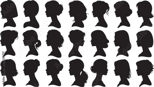 Female Profile Silhouette Vector Collection in Black Featuring Elegant Woman Heads and Hairstyles for Fashion Design, Identity Icons and Beauty Branding
