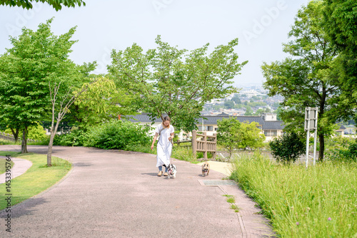 Obraz na płótnie On a summer morning in a park with blooming hydrangeas, a Japanese woman in her 30s walks two French Bulldogs. Surrounded by flowers and trees, they stroll along quiet paths under soft morning light. w salonie