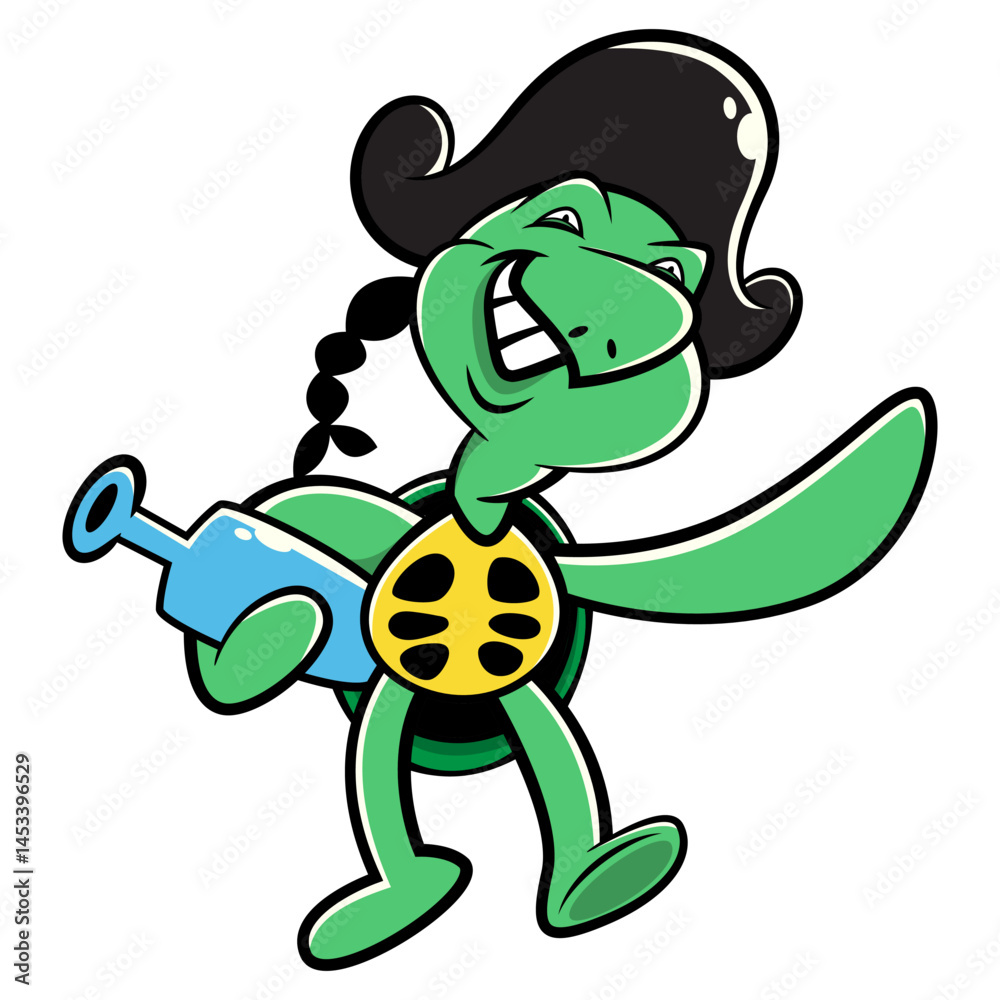Obraz premium Funny Green Turtle cartoon characters wearing pirate hat and carrying a bottle of rum. Best for sticker, logo, and mascot with summer themes