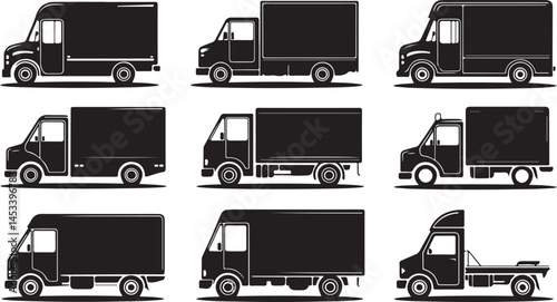 Delivery Truck Silhouette Vector Collection in Black Featuring Cargo and Transport Vehicles for Logistics Services, Commercial Design and Fleet Graphic