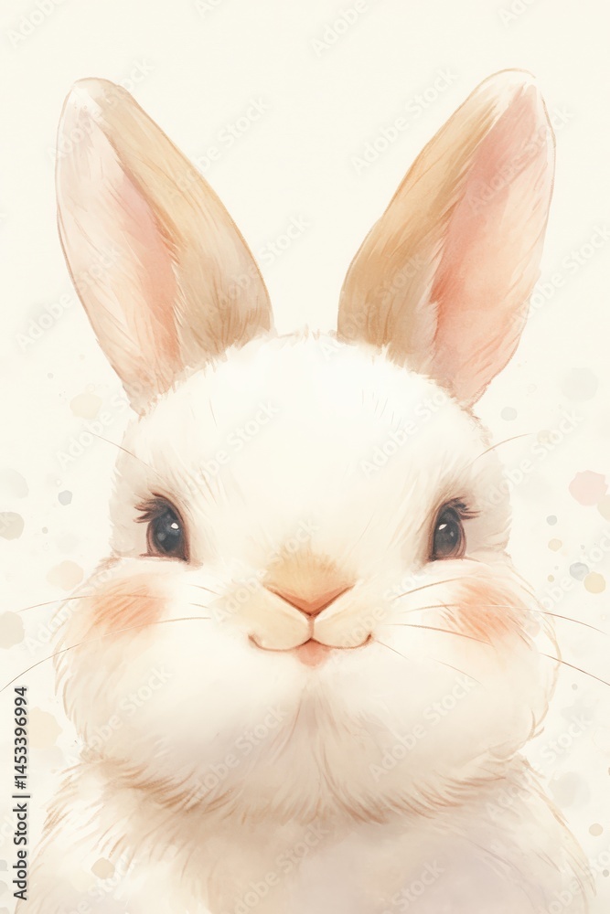 Fototapeta premium Creamy white bunny with blush cheeks gazes with round black eyes