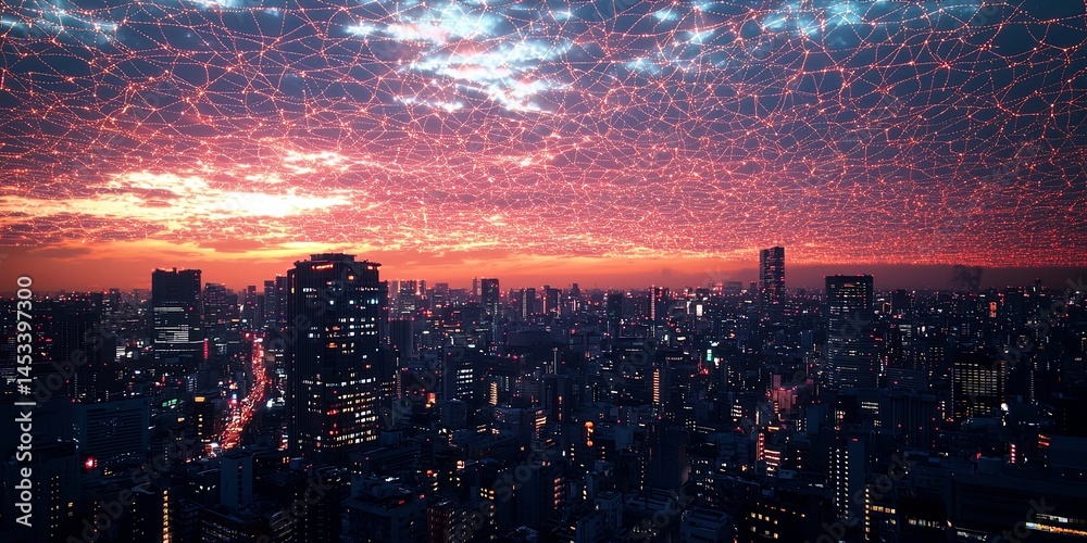 Fototapeta premium Futuristic City Skyline at Sunset with Digital Network Overlay Indicating Connectivity and Modern Technology in Urban Environment