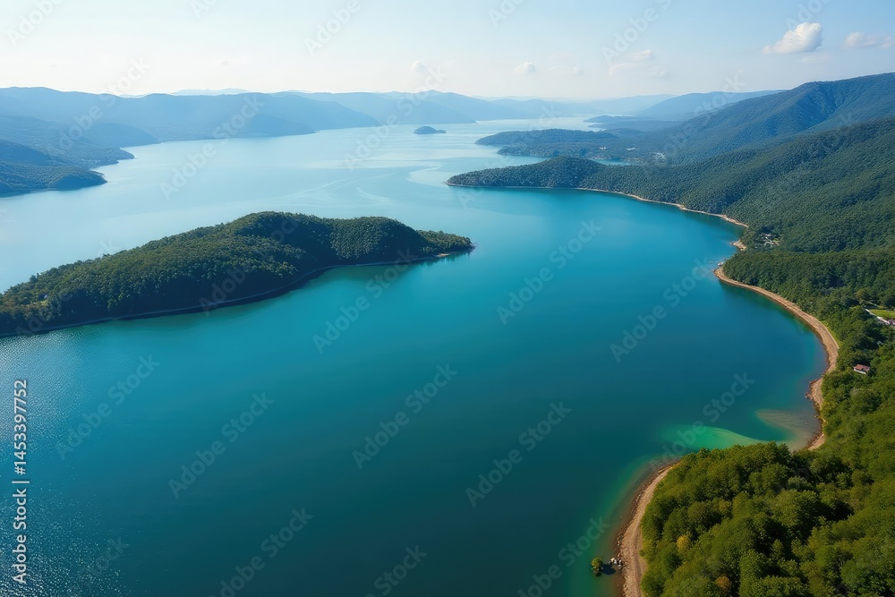 Abstract aerial view of lake, showing winding shoreline and islands , water body, landscape, water Abstract aerial view of lake, showing winding shoreline and islands , water body, landscape, water