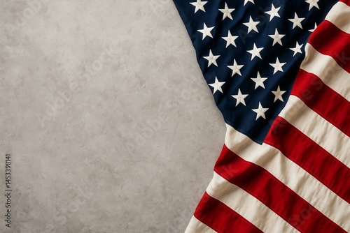American Flag Draped on Gray Concrete Background Patriotism USA National Pride American Symbol Festive Celebration Independence Day Memorial Day Veterans Day Background Image Texture Fabric Stars     