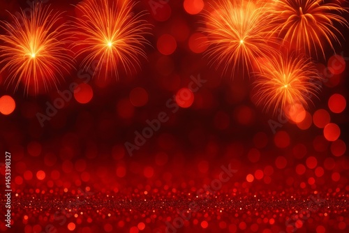 Red Festive Fireworks Background Sparkling Glitter Celebration Holiday New Year Party Design Bright Abstract Orange Burst Night Sky Festive Background Image Perfect for Greeting Cards show bokeh shiny