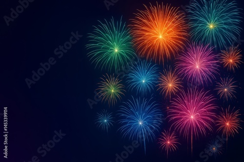 Vibrant Colorful Fireworks Display Night Sky Festive Celebration Holiday Event Party Background Image Perfect for New Years Eve Fourth of July Independence Day Design Projects Print show light bright 