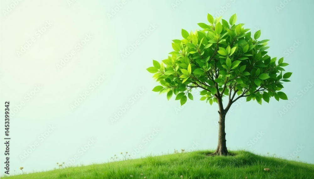 Fototapeta premium Delicate young tree, slender trunk, vibrant green leaves , asset, minimal