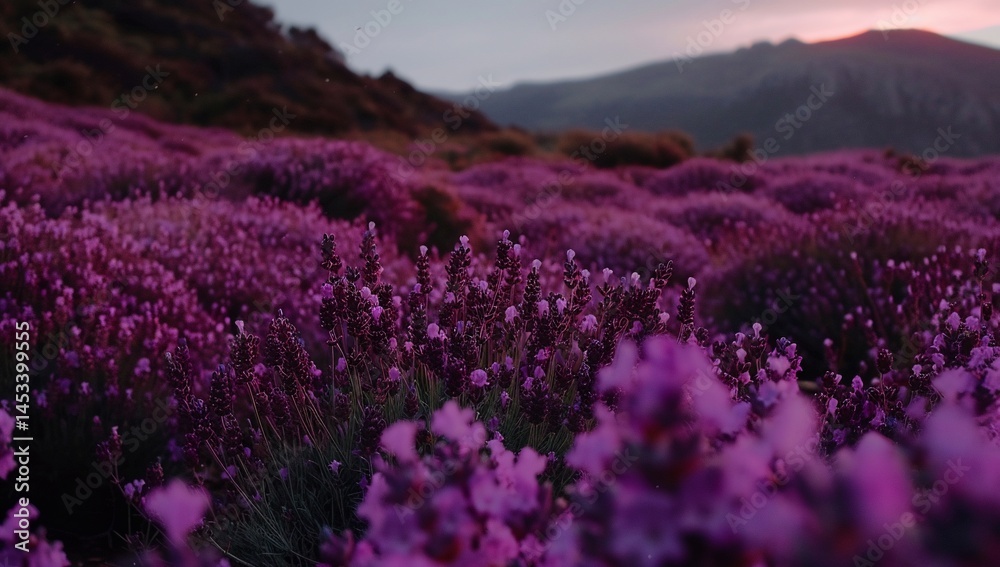 Lavender field at sunset. Lush purple flowers fill the valley, with a backdrop of mountains Lavender field at sunset. Lush purple flowers fill the valley, with a backdrop of mountains