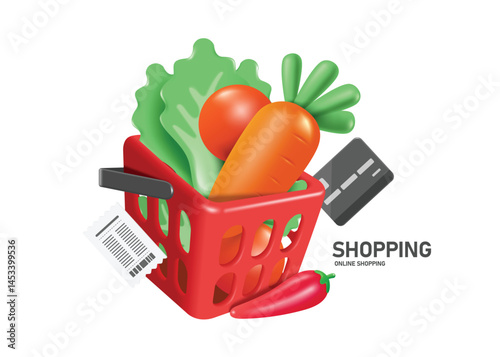 Vegetables such as carrots, tomatoes and lettuce are handed to customers on red shopping basket used in supermarkets and paid for with credit card and paper receipt is received, vector 3d isolated