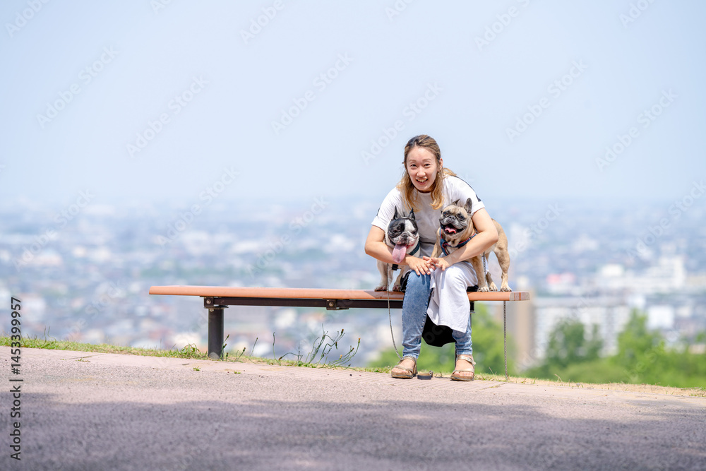 On a summer morning in a park with blooming hydrangeas, a Japanese woman in her 30s walks two French Bulldogs. They sit on a hilltop bench, overlooking the city, with flowers and greenery all around.