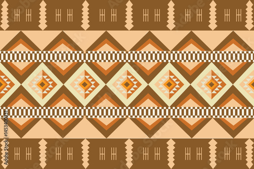 traditional textile pattern dominated by warm earthy tones such as brown, beige, orange, and cream. The design features a horizontal arrangement of diamond shapes with intricate triangular.